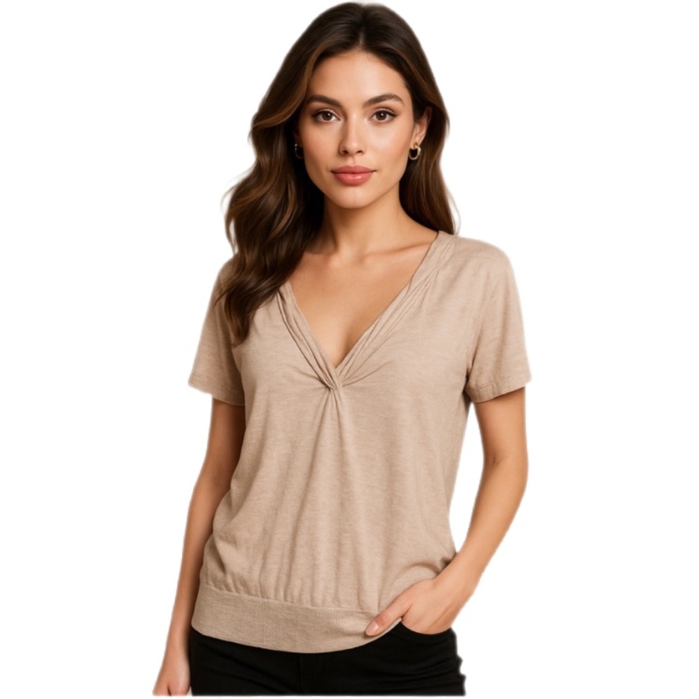 Banana Republic Beige Twist V-Neck Cotton Short Sleeve Top — Size M